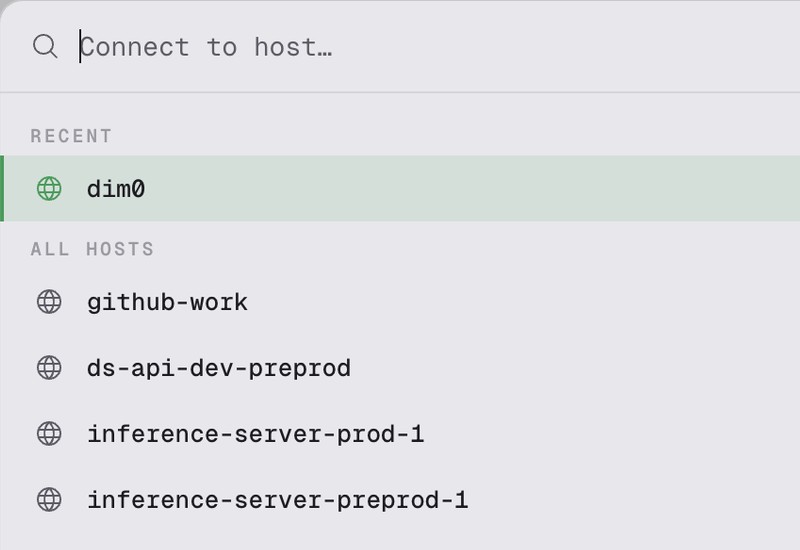 Connect to host picker listing hosts from ~/.ssh/config